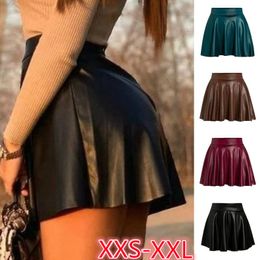 Women Faux Leather Skirts High Waist Club Pleated Mini Flared Skater Skirt Casual Fashion Size XS-L