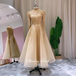 evening dress midi length UK - Party Dresses Arabic Gold Long Sleeve Muslim Evening Dress 2021 Luxury Dubai Midi Formal For Women Wedding Guest Gown Ankle Length