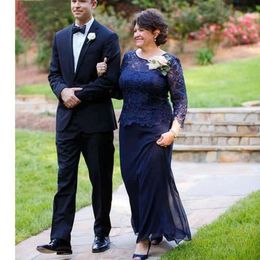 Navy Blue Mother Of The Bride Dresses Scoop Long Sleeves Lace Appliques Chiffon Formal Evening Prom Wedding Party Guest Gowns Custom