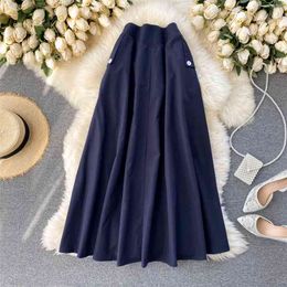 Simple Womens Solid High Elastic Waist Big Swing Midi Skirt Elegant Korean Autumn Winter Lady Office with Pockets 210603