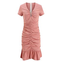 PERHAPS U Pink Balck Deep V-neck Diamond Short Sleeve Ruched Mini Dress Biuling Ruffle Elegant Dress Summer D2505 210529