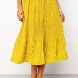 Summer Casual Chiffon Print Pockets High Waist Pleated Maxi Skirt Womens Long Skirts For Women 210310