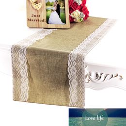 1pcs Rustic Burlap Linen Hessian Table Runner Double Lace Side Table Decor for Wedding Decorations Festival Party Table Cover