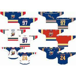 DH Customised 1995 96-2008 OHL Mens Womens Kids White Blue Red Stiched Barrie Colts s 2003 06 07-2009 Ontario Hockey League Jerseys