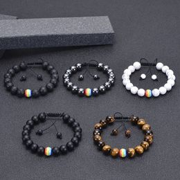 10mm Natural Stone Beaded Bracelet Rainbow LGBT Relationship Couples Tiger Eye Lava Rock Yoga Beads Bracelets Adjustable