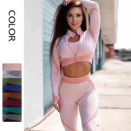 8 Colors Seamless Yoga Set Women Tracksuit Long Sleeve Sportswear Crop Top Fitness High Waist Leggings Gyms Sport Bra Suits 210802