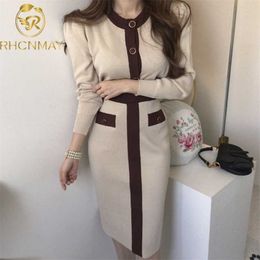 Autumn Korean Knitted Color-blocked Two Piece Set Long Sleeve Cardigan + Elastic Waist Skirt Suits Outfits 211106