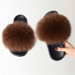 Women Fur Fluffy Flat Slippers Ladies Indoor Slides Furry Plush Fox Hair Female Casual Woman Shoes Fashion Plus Size Summer 210310