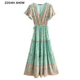 BOHO Covered Button V neck Floral print Bohemia Dress Summer Ethnic Woman Short Sleeve Tie Bow Strappy Maxi Long Dresses 210302