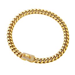Chain Cuba Belt Dog Collars Full Diamond Buckle Collar Stainless Steel Gold Pet Necklace 10mm 14mm Crystal Golden NecklacesJK56