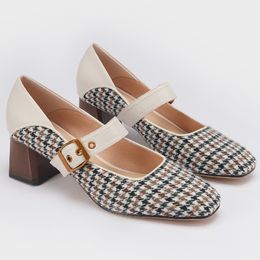Womens genuine leather Plaid fabric patchwork slip-on pumps metal buckle square toe thick high heel elegant ladies daily shoes
