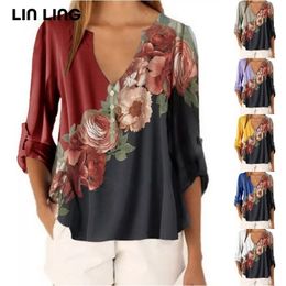 LINLING Print Women Shirt Autumn V Neck Long Sleeve Loose Casual T Shirt Harajuku Korean Fashion Plus Size Female Pullovers Tops 210311