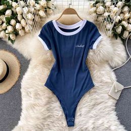 Short Sleeve Knitted Skinny Bodysuit Women Summer Fashion Colour Block Letters Embroidery O-neck Slim Body Top Jumpsuit 210603