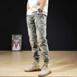 Italian Style Fashion Men Jeans High Quality Retro Yellow Blue Elastic Cotton Ripped Denim Punk Pants Vintage Designer Trousers