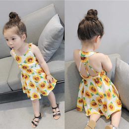 1-6 T girls dress New Infant Baby Girls Sunflower Print Sleeveless Backless Floral Dress Outfits vestido Q0716