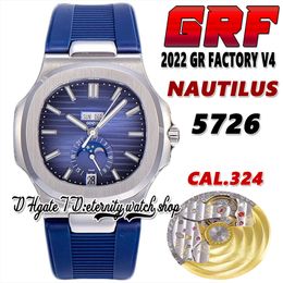 2022 GRF V4 5726 Cal.324SC A324 Automatic Mens Watch Annual Calendar Moon Phase Blue Textured Dial Stainless Steel Case Rubber Strap Super version eternity Watches