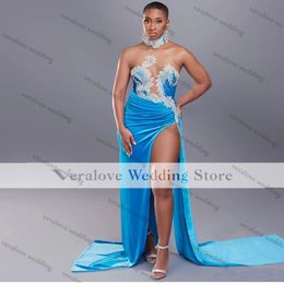 Aso Ebi Prom Dress For Women Party Sexy Halter Neck Split Evening Gowns African Occasion Red Carpet Dress