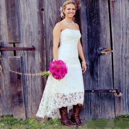 Rustic High Low Lace Country Wedding Dresses A-Line Short Strapless Spring Summer Plus Size Wedding Gowns Garden Beach Bridal Dress 2021