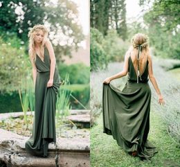 Olive Green Long Bridesmaid Dresses 2021 Spring Country Wedding Guest Dress Spaghetti Straps Backless Maid Of Honor Gowns Party Prom AL8811