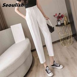 Korean OL Style Solid Women's Formal Harem Pants High Waist Elegant Office Lady Button Ankle-Length Pockets 210925