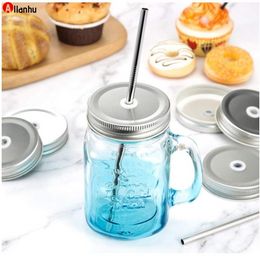 DHL Fast Tinplate Mason Jar Lids Cover With Straw Hole 2 Colors Drinking Glass Covers Kids And Adult Parties Drinking Accessories wY32