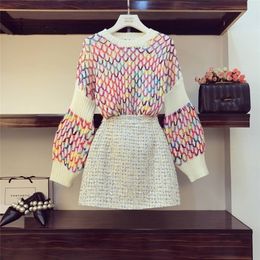 Fall Winter New Contrast rainbow rhombic knit Sweater + Sexy Short Tweed Skirts Womens Elegant Skirts Two-piece Set Female 201123