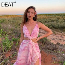 DEAT Spring Summer Sexy Strapless Slip Pink Tie Dye Waist Hollow Out Backless Ruffle Split Woman Club Maxi Dress ML460 210709