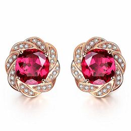 14k Rose Gold Couleur Fleur Crystal Rouge Rubis Gemstones Diamants Diamonds Boucles d'oreilles pour femmes Bijoux classiques Brincos Fashion Bijoux 211009