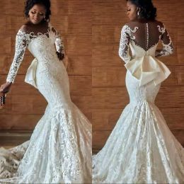 2022 Full Lace Mermaid Dresses Long Sleeves Applique Sheer Neck Illusion Bow Custom Made Plus Size African Country Wedding Gown Vestido De Novia