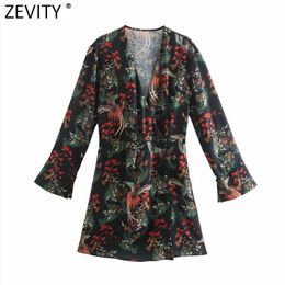 Zevity Women Vintage V Neck Totem Flower Animal Print A Line Dress Chic Female Long Sleeve Chinese Plate Vestido DS5024 210603