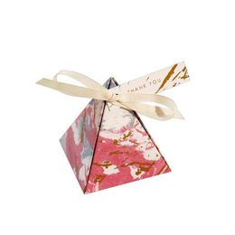 Gift Box New Coloured Marble Triangle Candy Box with thanks card Wedding Favour Baby Shower Gifts Bag Packaging Party Supplies Y220106