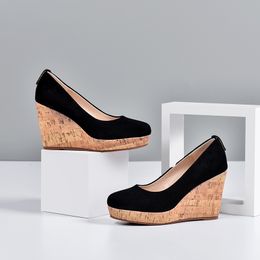 2020 Spring new womens natural suede leather slip-on wedge platform pumps OL style elegant ladies high heel comfortable shoes