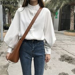 Woherb Womens Tops Blouses Vintage Long Lantern Sleeve Spring Autumn Shirts Ladies Korean White Blusas Mujer De Moda 2021 Blouse 210315