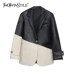 TWOTWINSTYLE Patchwork PU Leather Women's Blazer Coat Lapel Collar Long Sleeve Loose Hit Colour For Female Casual Coats 211122