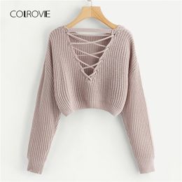 COLROVIE Pink Korean Criss Cross V Back Winter Crop Knitted Sweater Women Clothes Autumn Pullover Jumper Ladies Sweaters 201017