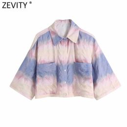 Zevity Women Vintage Colour Match Tie Dyed Printing Short Blouse Female Pocket Patch Kimono Shirt Roupas Chic Chemise Tops LS9141 210603