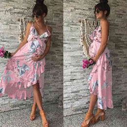 Sukienki macierzyńskie Ubrania Elegancka Ciąża Dress Casual Kwiatowy Drukowane Ruffles falbala Sundress dla kobiet w ciąży 210721