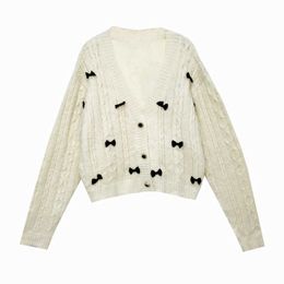 PERHAPS U Women Sweater Knitted Long Sleeve White Gray Thin Cardigans V Neck Autumn Bow Loose M0286 210529