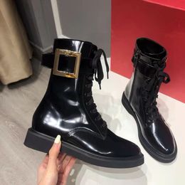 With Box Women Shoes Luxury Designer Brand Boots Roge.r Viv Rangers Ankle Bootss Strass Metal Buckle Low Heel Round Toes Patent Leather EU34-41