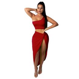 Women's Sets Summer Sexy One Shoulder Top Solid Color Split Pleated Skirt Casual Loose Two-piece Suit Female LR1268 210531