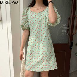 Korejpaa Women Dress Summer Korea Chic Elegant Square Collar Small Print Floral Loose Casual Bubble Sleeve Short Vestido 210526