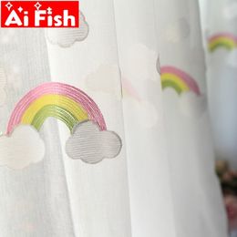 Korean White Cloud and Rainbow Sheer Curtains Bedroom Curtains Cotton Flax Panels Tulle Living MY036#5 Y200421