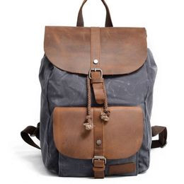 Vintage Leather Canvas Backpack Men Laptop Bag College School BookbagLarge Capacity Waterproof Travel Rucksack