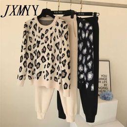 Streetwear Leopard Printed Knit Two Peice Suit Women Long Sleeve O-Neck Sweater Tops + Solid Color Harem Pants Casual Tracksuit 211101
