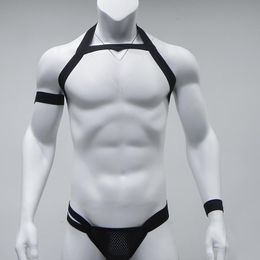 Catsuit Costumes Thong Jockstrap Set Man Sexy Elastic Shoulder Chest Strap Harness Body Bondage Belt Lingerie Costume Arm Wrist Band