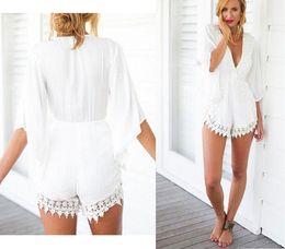 Women 9 Styles V Neck Irregular Crochet Beach Jumpsuit Short Sexy Stitching Lace Playsuits Ladies Rompers