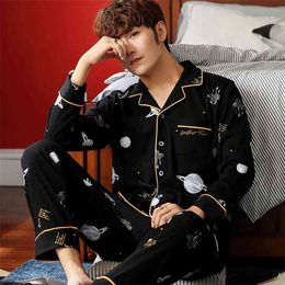 Spring Autumn Pyjama Sets Suit Knitted Cotton Casual Long Sleeve Sleepwear Plaid Home Wear Plus Size Comfortable Pyjamas For Men 210901