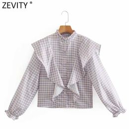 Zevity Women Vintage Stand Collar Plaid Print Cascading Ruffle Shirt Female Breasted Blouse Roupas Chic Chemise Tops LS9097 210603
