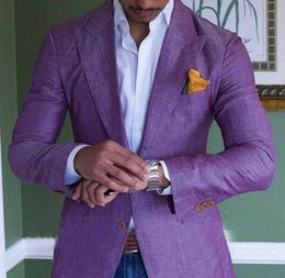 Purple Men's Linen Suits Summer Beach Jacket Slim Fit Suits For Men Tuxedo Groom Suits For Men Wedding Groomsman 1 PC X0608