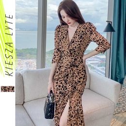 Spring Summer Fishtail Dress Style Ladies Wrap Slim Drawstring Waist Split Leopard Print Midi Evening Dresses 210608